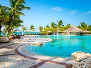 grosser türkis grüner pool im karibischen stil mit steinen und palmen rund herum dazu ein tiki hut bungalow mit bar am meer und sonnen liegen mit blick auf den ozean im exotischen luxuriösen und exklusiven hotel und resort sanctuary cap cana in punta cana